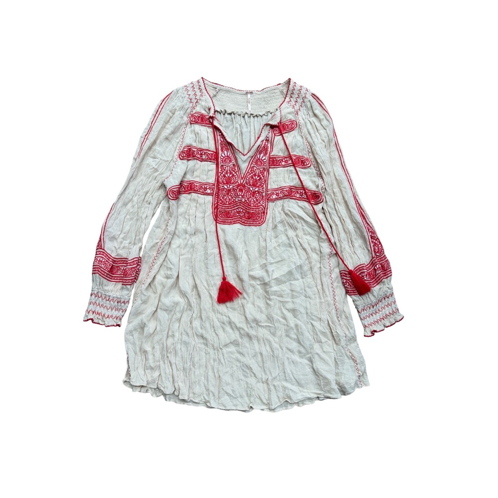 Free People XS Ivory Red Embroidered Peasant Tunic Blouse Tassel Smocked Top